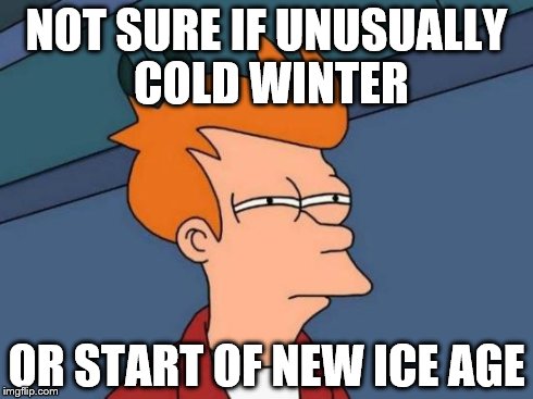 Futurama Fry Meme | NOT SURE IF UNUSUALLY COLD WINTER OR START OF NEW ICE AGE | image tagged in memes,futurama fry | made w/ Imgflip meme maker