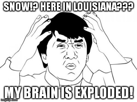 This is preposterous!!! | SNOW!? HERE IN LOUISIANA??? MY BRAIN IS EXPLODED! | image tagged in memes,jackie chan | made w/ Imgflip meme maker