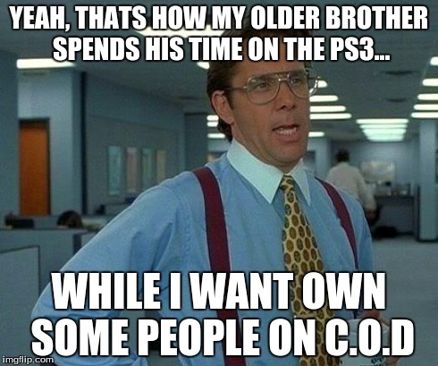 That Would Be Great Meme | YEAH, THATS HOW MY OLDER BROTHER SPENDS HIS TIME ON THE PS3... WHILE I WANT OWN SOME PEOPLE ON C.O.D | image tagged in memes,that would be great | made w/ Imgflip meme maker