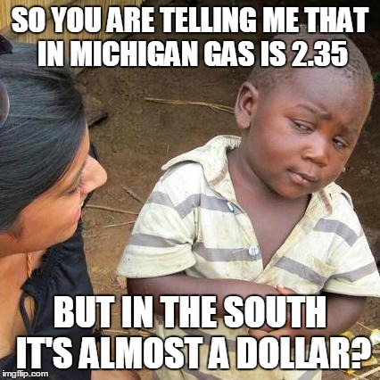 Third World Skeptical Kid Meme | SO YOU ARE TELLING ME THAT IN MICHIGAN GAS IS 2.35 BUT IN THE SOUTH IT'S ALMOST A DOLLAR? | image tagged in memes,third world skeptical kid | made w/ Imgflip meme maker