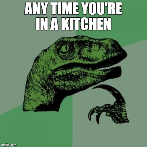 Philosoraptor | ANY TIME YOU'RE IN A KITCHEN | image tagged in memes,philosoraptor | made w/ Imgflip meme maker