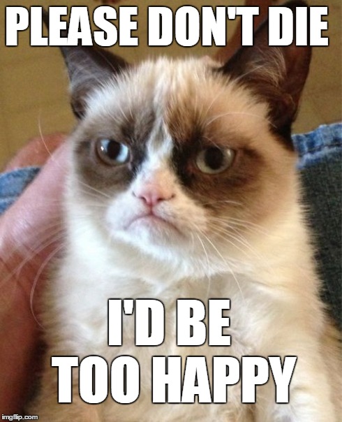 Grumpy Cat | PLEASE DON'T DIE I'D BE TOO HAPPY | image tagged in memes,grumpy cat | made w/ Imgflip meme maker