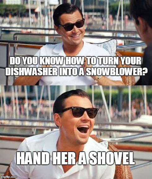 Leonardo Dicaprio Wolf Of Wall Street | DO YOU KNOW HOW TO TURN YOUR DISHWASHER INTO A SNOWBLOWER? HAND HER A SHOVEL | image tagged in memes,leonardo dicaprio wolf of wall street | made w/ Imgflip meme maker