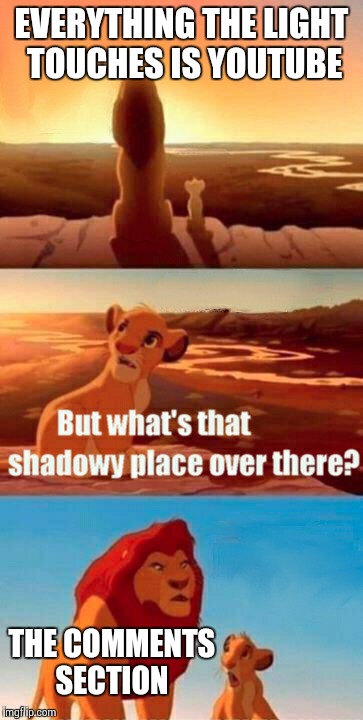 Simba Shadowy Place | EVERYTHING THE LIGHT TOUCHES IS YOUTUBE THE COMMENTS SECTION | image tagged in memes,simba shadowy place | made w/ Imgflip meme maker