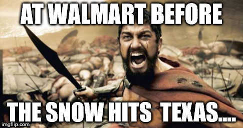 Sparta Leonidas Meme | AT WALMART BEFORE THE SNOW HITS  TEXAS.... | image tagged in memes,sparta leonidas | made w/ Imgflip meme maker