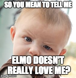 Skeptical Baby Meme | SO YOU MEAN TO TELL ME ELMO DOESN'T REALLY LOVE ME? | image tagged in memes,skeptical baby | made w/ Imgflip meme maker