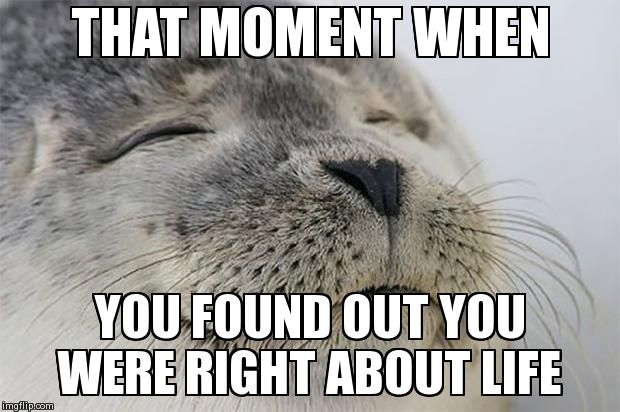 Satisfied Seal | THAT MOMENT WHEN YOU FOUND OUT YOU WERE RIGHT ABOUT LIFE | image tagged in memes,satisfied seal | made w/ Imgflip meme maker