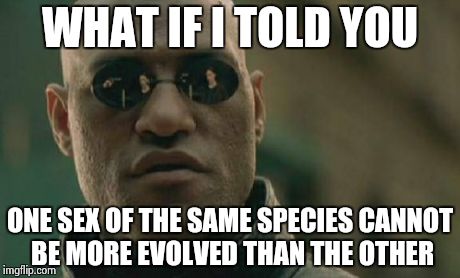 Matrix Morpheus Meme | WHAT IF I TOLD YOU ONE SEX OF THE SAME SPECIES CANNOT BE MORE EVOLVED THAN THE OTHER | image tagged in memes,matrix morpheus | made w/ Imgflip meme maker