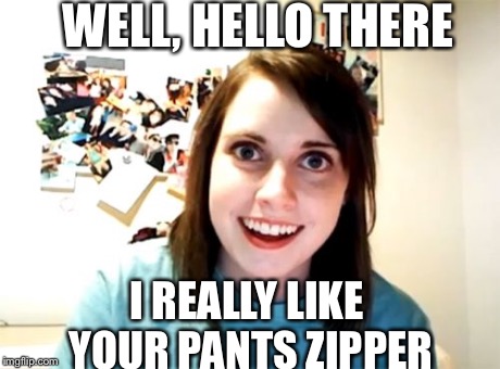 Overly Attached Girlfriend | WELL, HELLO THERE I REALLY LIKE YOUR PANTS ZIPPER | image tagged in memes,overly attached girlfriend | made w/ Imgflip meme maker