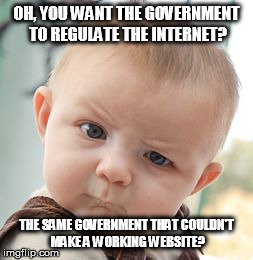 Skeptical Baby | OH, YOU WANT THE GOVERNMENT TO REGULATE THE INTERNET? THE SAME GOVERNMENT THAT COULDN'T MAKE A WORKING WEBSITE? | image tagged in memes,skeptical baby | made w/ Imgflip meme maker