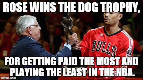 ROSE WINS THE DOG TROPHY, FOR GETTING PAID THE MOST AND PLAYING THE LEAST IN THE NBA. | image tagged in derrick rose,nba | made w/ Imgflip meme maker