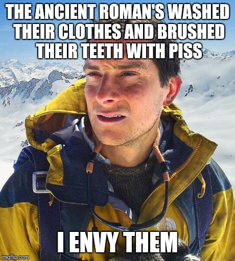 Bear Grylls Meme | THE ANCIENT ROMAN'S WASHED THEIR CLOTHES AND BRUSHED THEIR TEETH WITH PISS I ENVY THEM | image tagged in memes,bear grylls | made w/ Imgflip meme maker