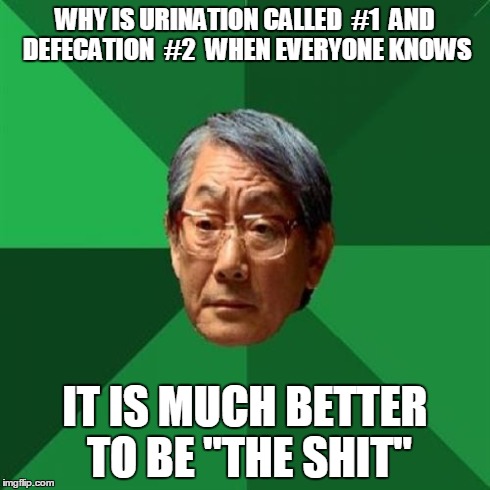 High Expectations Asian Father | WHY IS URINATION CALLED  #1  AND DEFECATION  #2  WHEN EVERYONE KNOWS IT IS MUCH BETTER TO BE "THE SHIT" | image tagged in memes,high expectations asian father | made w/ Imgflip meme maker