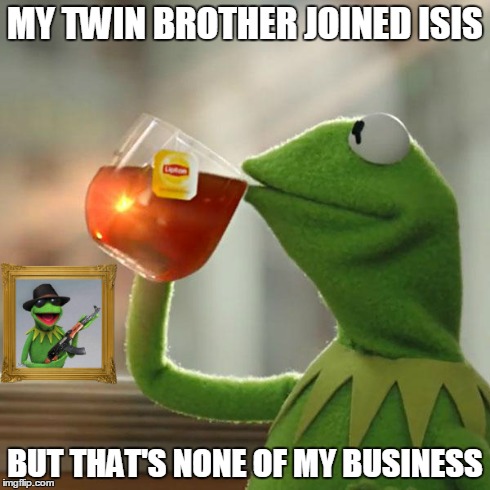 MY TWIN BROTHER JOINED ISIS BUT THAT'S NONE OF MY BUSINESS | image tagged in kermit the frog | made w/ Imgflip meme maker