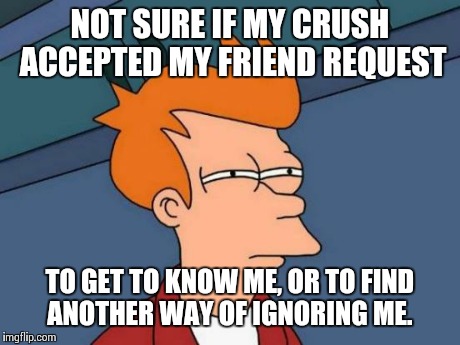 Futurama Fry | NOT SURE IF MY CRUSH ACCEPTED MY FRIEND REQUEST TO GET TO KNOW ME, OR TO FIND ANOTHER WAY OF IGNORING ME. | image tagged in memes,futurama fry | made w/ Imgflip meme maker