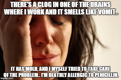 I've been harshly ill for the past couple days.. Thank god I'm off for two.. | THERE'S A CLOG IN ONE OF THE DRAINS WHERE I WORK AND IT SMELLS LIKE VOMIT.. IT HAS MOLD, AND I MYSELF TRIED TO TAKE CARE OF THE PROBLEM.. I' | image tagged in memes,first world problems | made w/ Imgflip meme maker