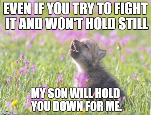 Baby insanity wolf | EVEN IF YOU TRY TO FIGHT IT AND WON'T HOLD STILL MY SON WILL HOLD YOU DOWN FOR ME. | image tagged in baby insanity wolf | made w/ Imgflip meme maker