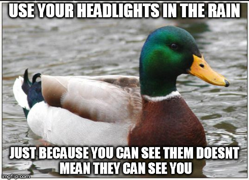 Actual Advice Mallard Meme | USE YOUR HEADLIGHTS IN THE RAIN JUST BECAUSE YOU CAN SEE THEM
DOESNT MEAN THEY CAN SEE YOU | image tagged in memes,actual advice mallard,AdviceAnimals | made w/ Imgflip meme maker