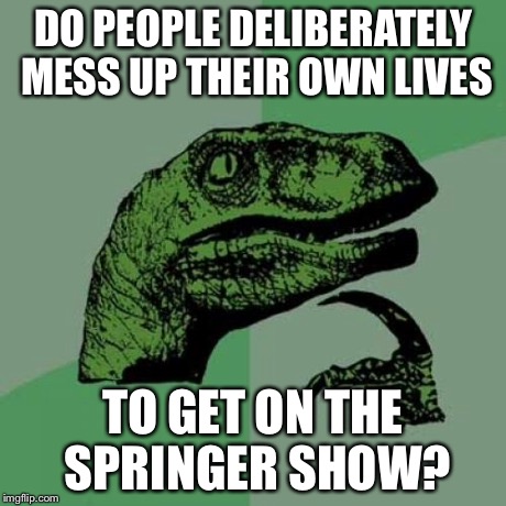 Philosoraptor Meme | DO PEOPLE DELIBERATELY MESS UP THEIR OWN LIVES TO GET ON THE SPRINGER SHOW? | image tagged in memes,philosoraptor | made w/ Imgflip meme maker
