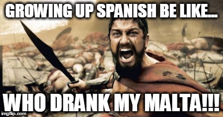 Sparta Leonidas Meme | GROWING UP SPANISH BE LIKE... WHO DRANK MY MALTA!!! | image tagged in memes,sparta leonidas | made w/ Imgflip meme maker