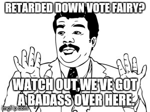 Neil deGrasse Tyson | RETARDED DOWN VOTE FAIRY? WATCH OUT,WE'VE GOT A BADASS OVER HERE. | image tagged in memes,neil degrasse tyson | made w/ Imgflip meme maker