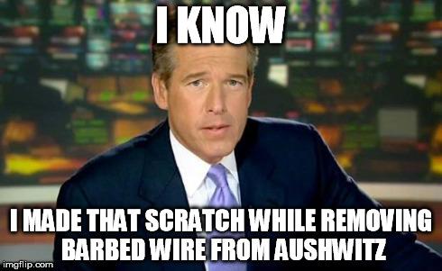 Brian Williams Was There Meme | I KNOW I MADE THAT SCRATCH WHILE REMOVING BARBED WIRE FROM AUSHWITZ | image tagged in memes,brian williams was there | made w/ Imgflip meme maker