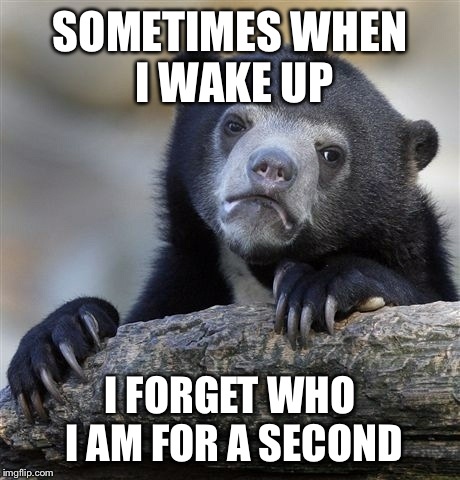 Confession Bear Meme | SOMETIMES WHEN I WAKE UP I FORGET WHO I AM FOR A SECOND | image tagged in memes,confession bear | made w/ Imgflip meme maker