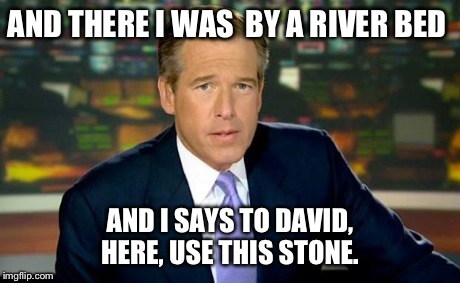Brian Williams Was There Meme | AND THERE I WAS 
BY A RIVER BED AND I SAYS TO DAVID, HERE, USE THIS STONE. | image tagged in memes,brian williams was there | made w/ Imgflip meme maker