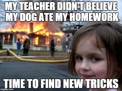 My teacher didn't believe my house burned down with the homework | MY TEACHER DIDN'T BELIEVE MY DOG ATE MY HOMEWORK TIME TO FIND NEW TRICKS | image tagged in memes,disaster girl | made w/ Imgflip meme maker