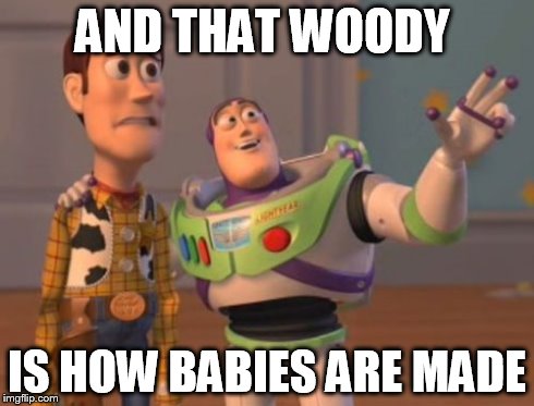X, X Everywhere | AND THAT WOODY IS HOW BABIES ARE MADE | image tagged in memes,x x everywhere | made w/ Imgflip meme maker