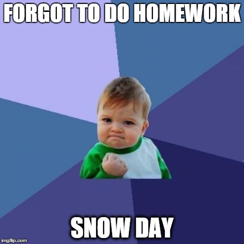 Success Kid Meme | FORGOT TO DO HOMEWORK SNOW DAY | image tagged in memes,success kid | made w/ Imgflip meme maker