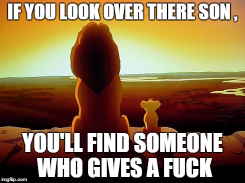 Lion King Meme | IF YOU LOOK OVER THERE SON , YOU'LL FIND SOMEONE WHO GIVES A F**K | image tagged in memes,lion king | made w/ Imgflip meme maker