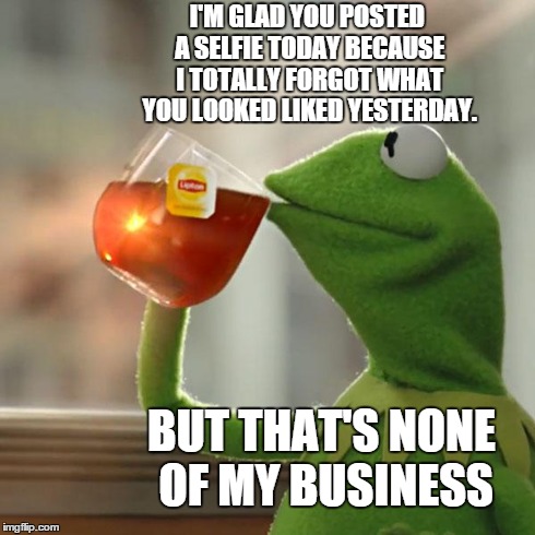 But That's None Of My Business | I'M GLAD YOU POSTED A SELFIE TODAY BECAUSE I TOTALLY FORGOT WHAT YOU LOOKED LIKED YESTERDAY. BUT THAT'S NONE OF MY BUSINESS | image tagged in memes,but thats none of my business,kermit the frog | made w/ Imgflip meme maker