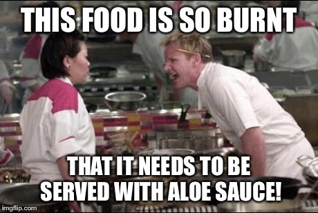 Angry Chef Gordon Ramsay Meme | THIS FOOD IS SO BURNT THAT IT NEEDS TO BE SERVED WITH ALOE SAUCE! | image tagged in memes,angry chef gordon ramsay | made w/ Imgflip meme maker