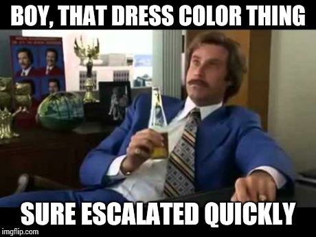 Well That Escalated Quickly | BOY, THAT DRESS COLOR THING SURE ESCALATED QUICKLY | image tagged in memes,well that escalated quickly | made w/ Imgflip meme maker