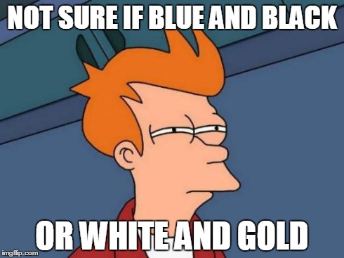 Futurama Fry | NOT SURE IF BLUE AND BLACK OR WHITE AND GOLD | image tagged in memes,futurama fry | made w/ Imgflip meme maker