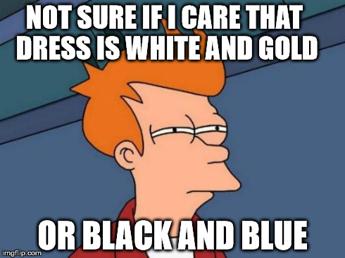 Futurama Fry | NOT SURE IF I CARE THAT DRESS IS WHITE AND GOLD OR BLACK AND BLUE | image tagged in memes,futurama fry | made w/ Imgflip meme maker