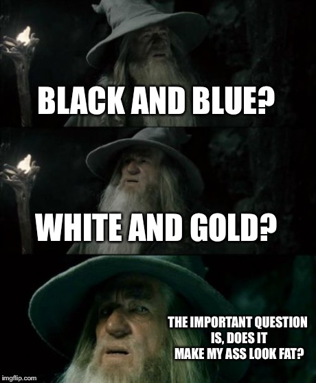 Confused Gandalf | BLACK AND BLUE? WHITE AND GOLD? THE IMPORTANT QUESTION IS, DOES IT MAKE MY ASS LOOK FAT? | image tagged in memes,confused gandalf | made w/ Imgflip meme maker