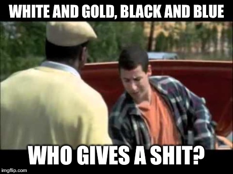 Happy Gilmore image | WHITE AND GOLD, BLACK AND BLUE WHO GIVES A SHIT? | image tagged in happy gilmore image | made w/ Imgflip meme maker