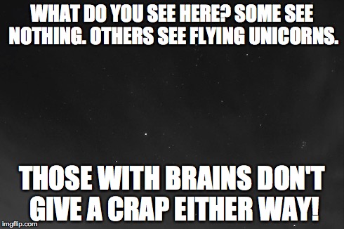 Who cares??? | WHAT DO YOU SEE HERE? SOME SEE NOTHING. OTHERS SEE FLYING UNICORNS. THOSE WITH BRAINS DON'T GIVE A CRAP EITHER WAY! | image tagged in blank,sarcastic,sarcasm | made w/ Imgflip meme maker