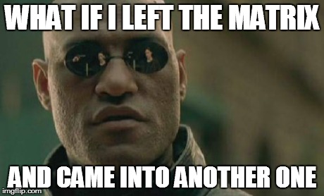 Matrix Morpheus | WHAT IF I LEFT THE MATRIX AND CAME INTO ANOTHER ONE | image tagged in memes,matrix morpheus | made w/ Imgflip meme maker