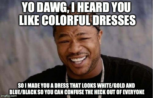 Yo Dawg Heard You | YO DAWG, I HEARD YOU LIKE COLORFUL DRESSES SO I MADE YOU A DRESS THAT LOOKS WHITE/GOLD AND BLUE/BLACK SO YOU CAN CONFUSE THE HECK OUT OF EVE | image tagged in memes,yo dawg heard you | made w/ Imgflip meme maker