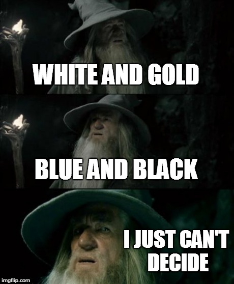 Confused Gandalf | WHITE AND GOLD BLUE AND BLACK I JUST CAN'T DECIDE | image tagged in memes,confused gandalf | made w/ Imgflip meme maker