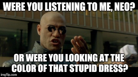 Go ahead, look again | WERE YOU LISTENING TO ME, NEO? OR WERE YOU LOOKING AT THE COLOR OF THAT STUPID DRESS? | image tagged in thematrix,morpheus,uglydress,neo,wereyoulistening | made w/ Imgflip meme maker