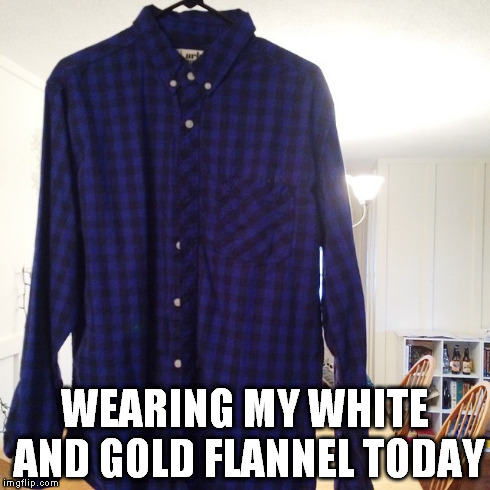White and Gold | WEARING MY WHITE AND GOLD FLANNEL TODAY | image tagged in shirt,black,blue,white,gold | made w/ Imgflip meme maker