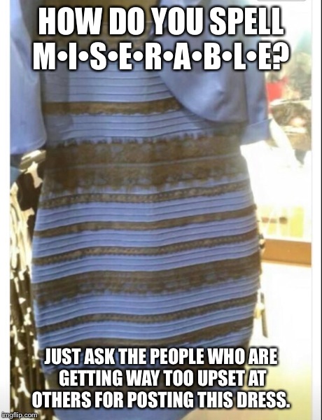 The Big Dress Debate  | HOW DO YOU SPELL M•I•S•E•R•A•B•L•E? JUST ASK THE PEOPLE WHO ARE GETTING WAY TOO UPSET AT OTHERS FOR POSTING THIS DRESS. | image tagged in the dress,what color is this dress,blue and black,white and gold | made w/ Imgflip meme maker