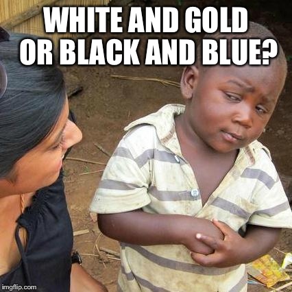 Third World Skeptical Kid Meme | WHITE AND GOLD OR BLACK AND BLUE? | image tagged in memes,third world skeptical kid | made w/ Imgflip meme maker