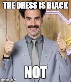 Borat On "The Dress" | THE DRESS IS BLACK NOT | image tagged in memes,funny memes,the dress,borat,white and gold,blue and black | made w/ Imgflip meme maker