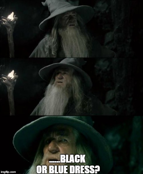 Confused Gandalf | ......BLACK OR BLUE DRESS? | image tagged in memes,confused gandalf | made w/ Imgflip meme maker