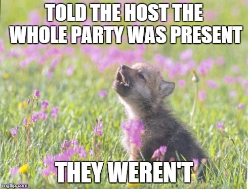 Baby Insanity Wolf | TOLD THE HOST THE WHOLE PARTY WAS PRESENT THEY WEREN'T | image tagged in memes,baby insanity wolf,AdviceAnimals | made w/ Imgflip meme maker